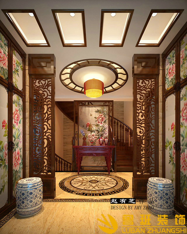 中海央墅450双拼别墅中式设计装修门厅