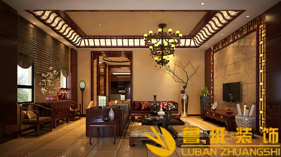 中海央墅450双拼别墅中式设计装修客厅
